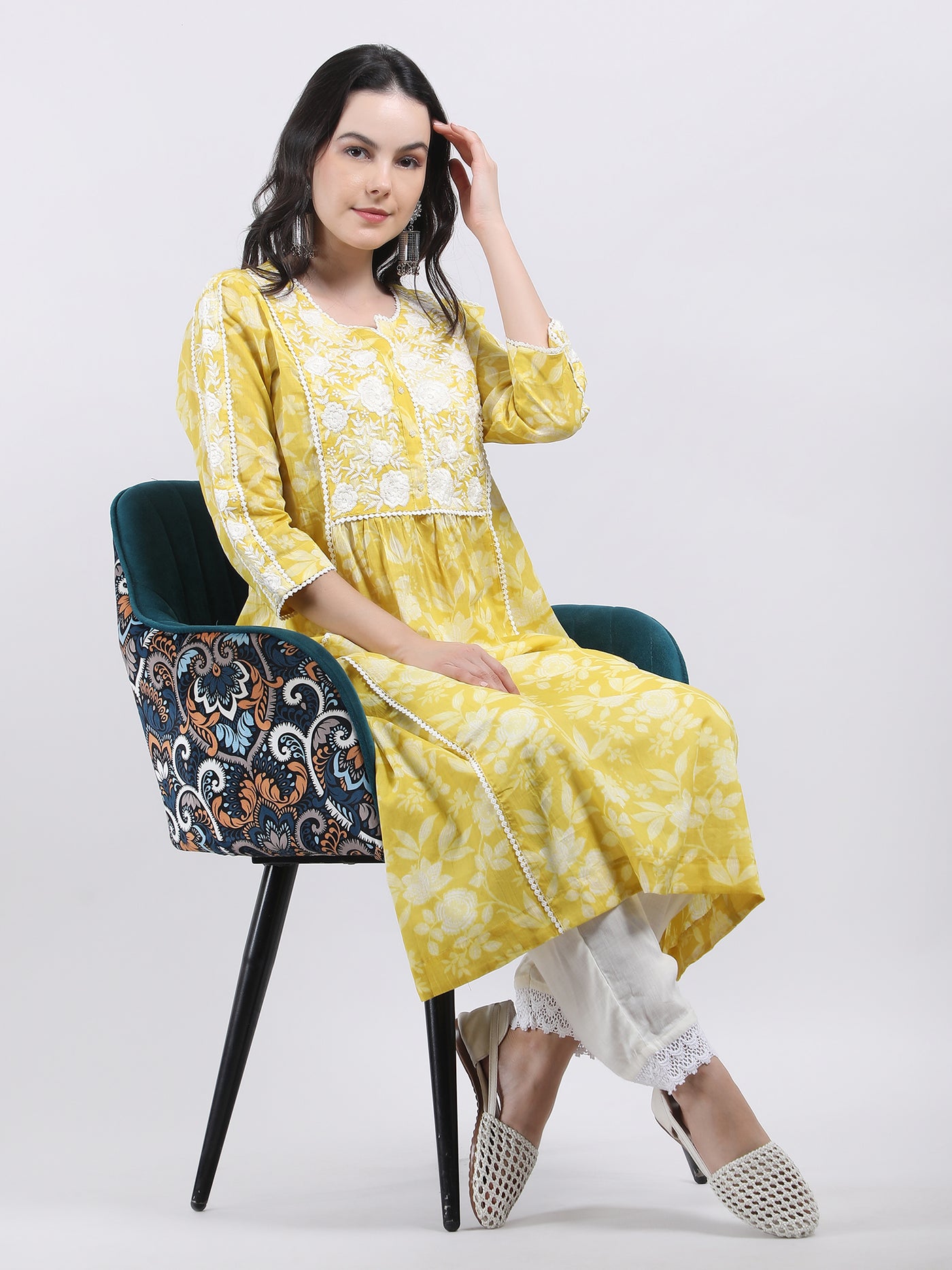 Women's Yellow Floral Printed Cotton A - Line Chikankari Embroidered Kurta