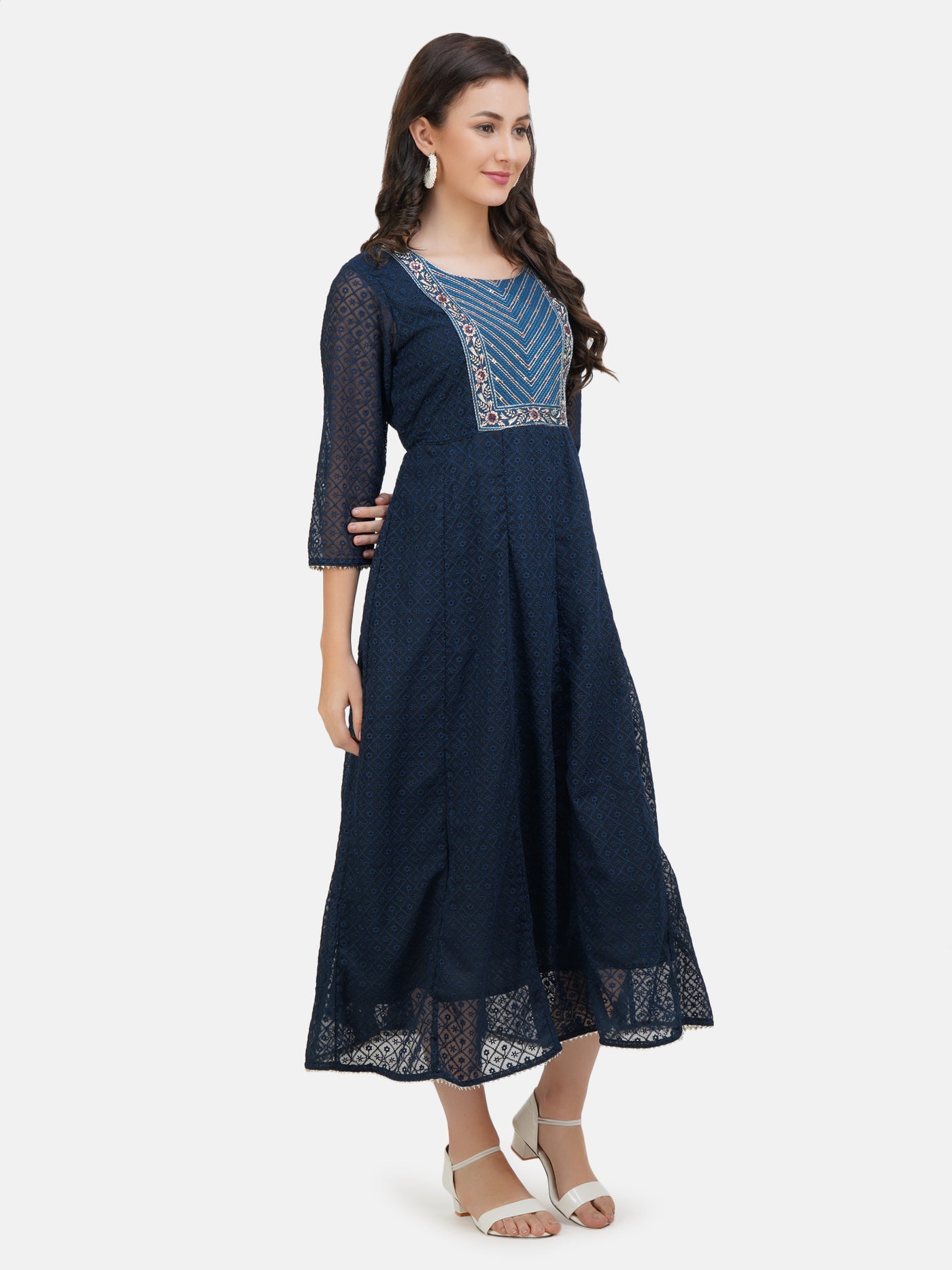 Women's Blue Color All over Chikankari Heavy Embroidered Ethnic Dress