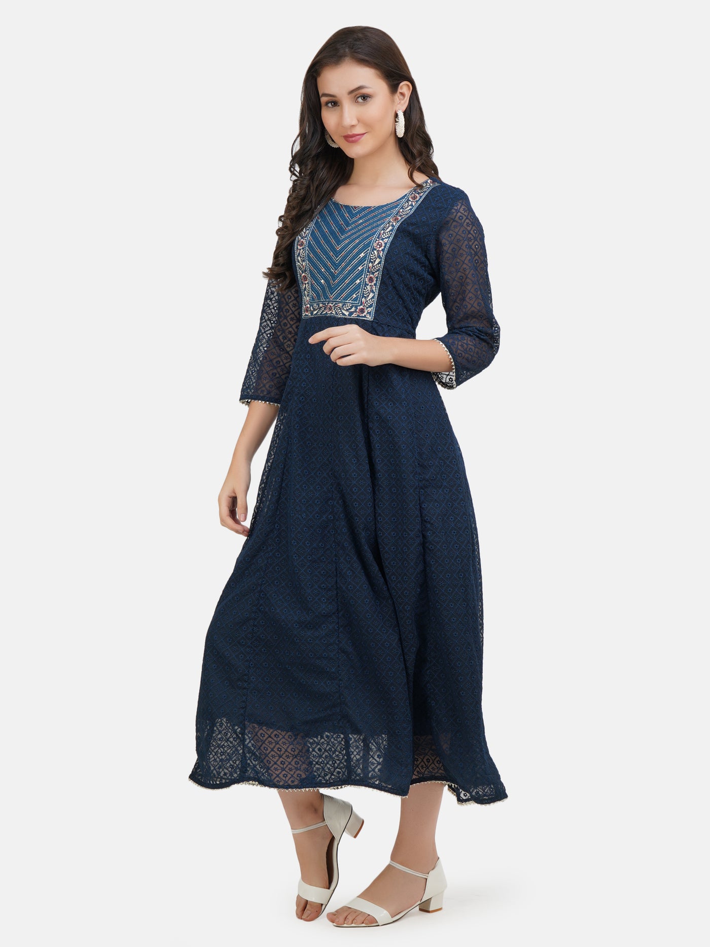 Women's Blue Color All over Chikankari Heavy Embroidered Ethnic Dress