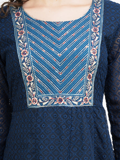 Women's Blue Color All over Chikankari Heavy Embroidered Ethnic Dress