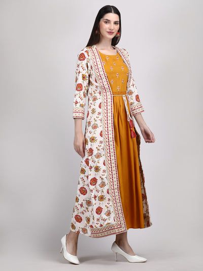 Women's Mustard Embroidered A- Line Ethnic Dress with Jacket