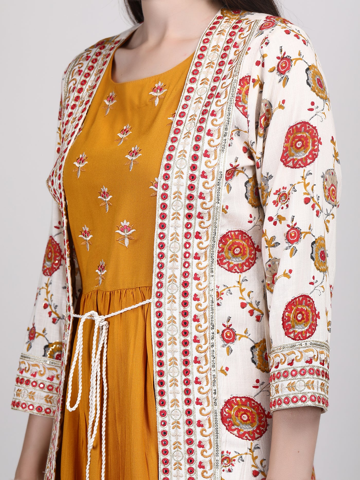 Women's Mustard Embroidered A- Line Ethnic Dress with Jacket