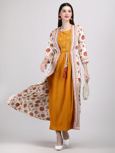 Women's Mustard Embroidered A- Line Ethnic Dress with Jacket