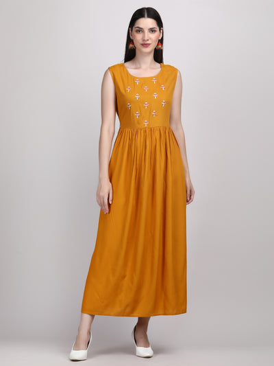 Women's Mustard Embroidered A- Line Ethnic Dress with Jacket