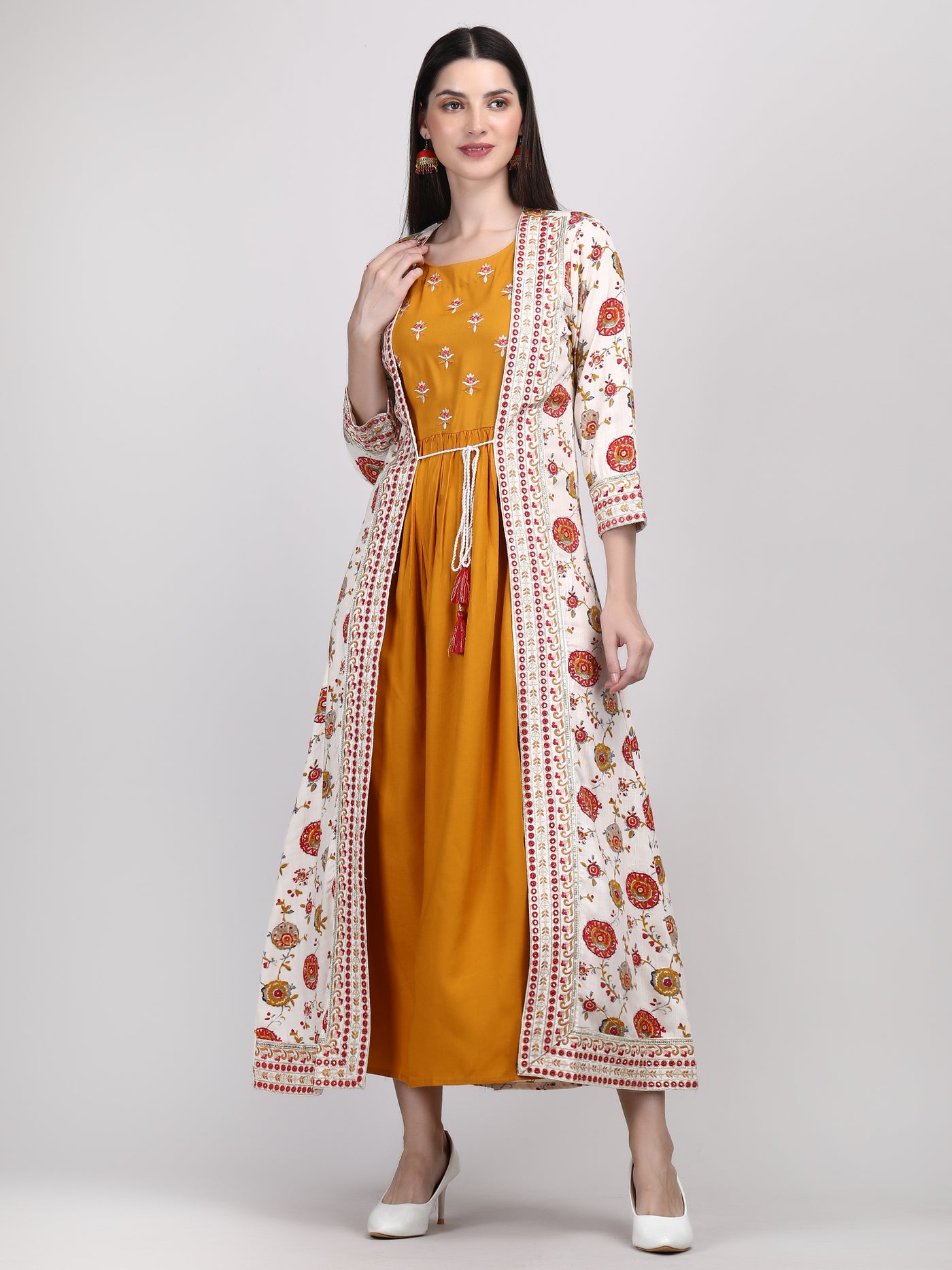 Women's Mustard Embroidered A- Line Ethnic Dress with Jacket