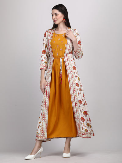 Women's Mustard Embroidered A- Line Ethnic Dress with Jacket