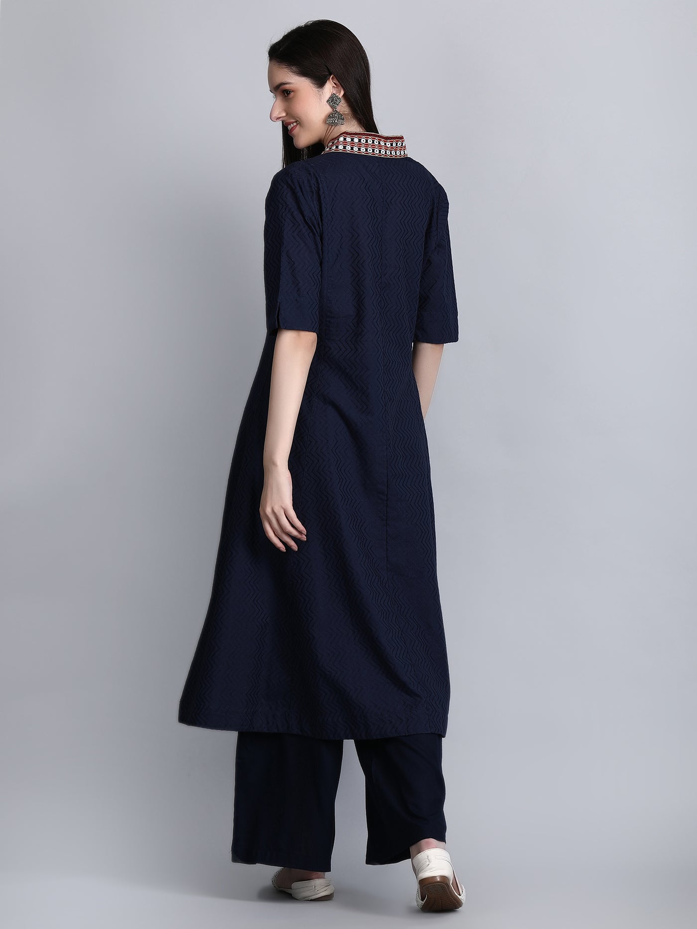 Women's Blue Dobby Cotton Embroidered A-Line Kurta