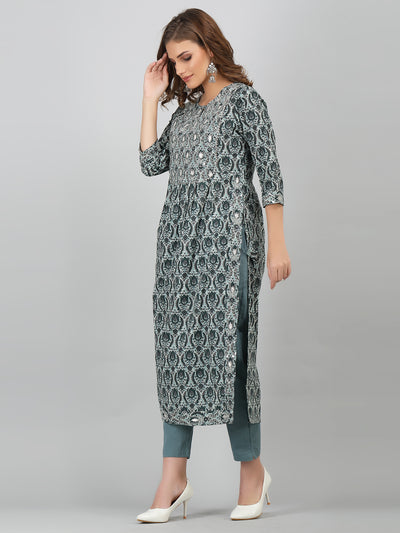 Women's Cotton Naira Cut Embroidered Kurta with Pant Set | Kurta Set for Women