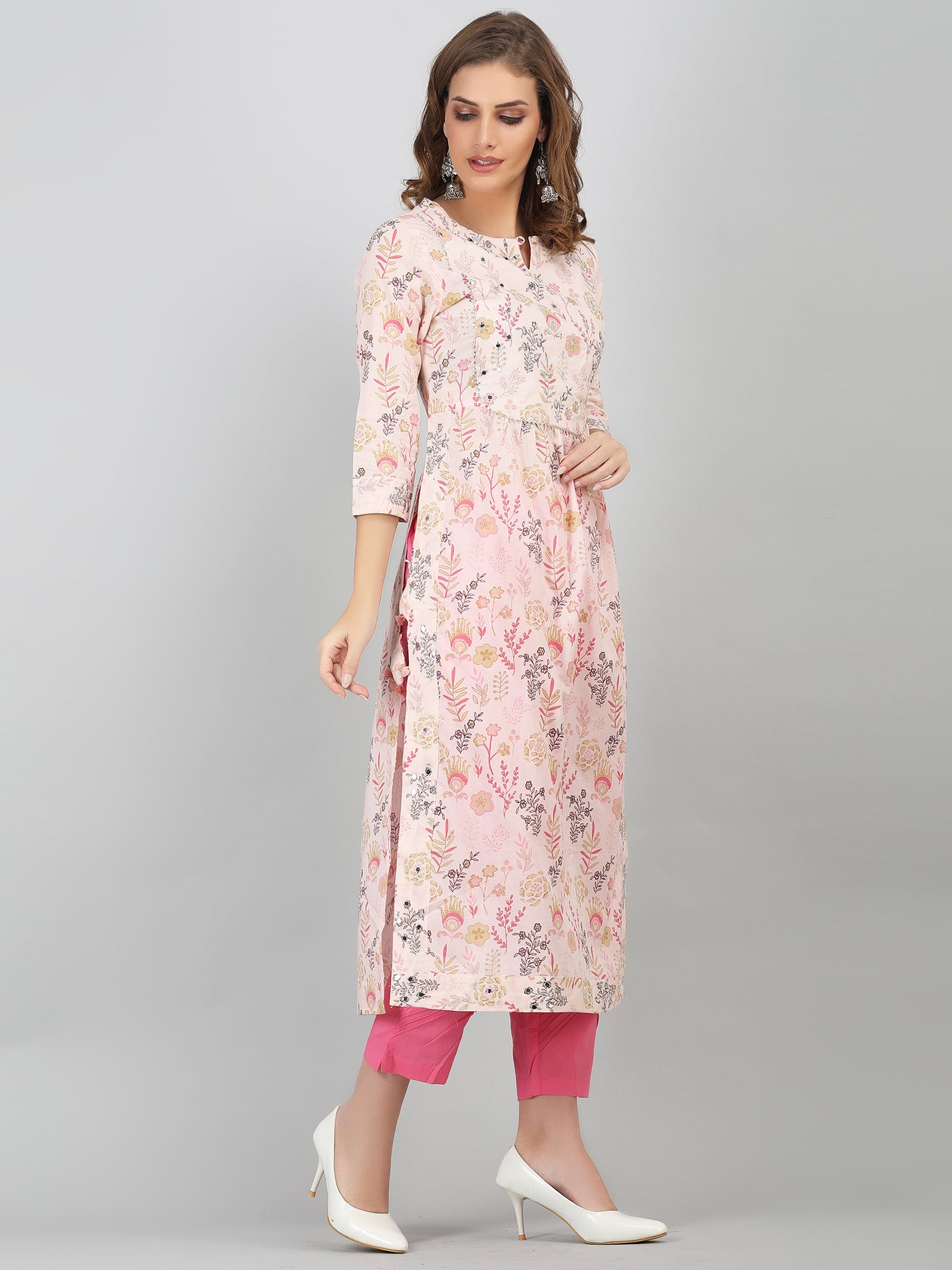 Women's Pink Embroidered Ethnic Floral Printed Cotton Naira Cut Kurta & Pant Set with Side Tie - Ups