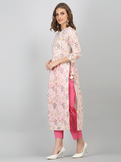 Women's Pink Embroidered Ethnic Floral Printed Cotton Naira Cut Kurta & Pant Set with Side Tie - Ups