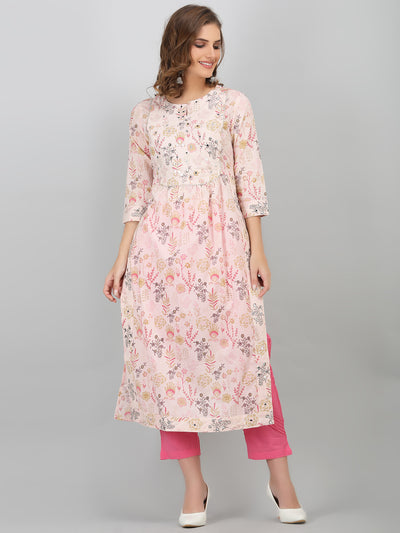 Women's Pink Embroidered Ethnic Floral Printed Cotton Naira Cut Kurta & Pant Set with Side Tie - Ups