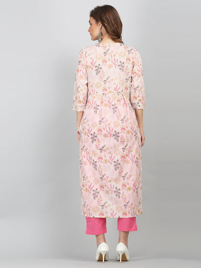 Women's Pink Embroidered Ethnic Floral Printed Cotton Naira Cut Kurta & Pant Set with Side Tie - Ups