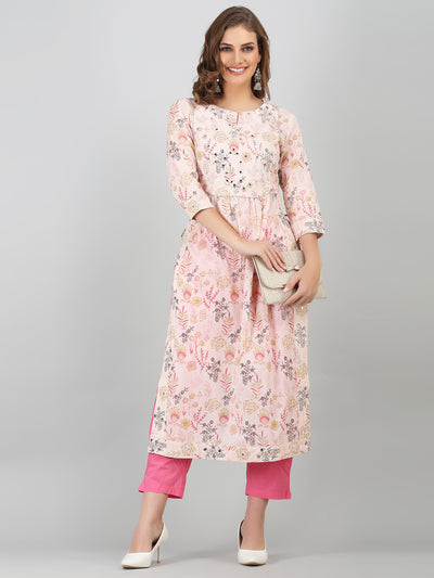 Women's Pink Embroidered Ethnic Floral Printed Cotton Naira Cut Kurta & Pant Set with Side Tie - Ups