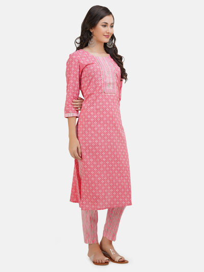 Women's Pink Cotton Ethnic Motifs Printed Kurta and Pant set with Gota Work