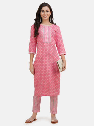 Women's Pink Cotton Ethnic Motifs Printed Kurta and Pant set with Gota Work