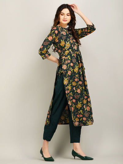 Women's Green Embroidered Floral Printed Cotton Long Slit Kurta & Trouser with Side Tie - Ups