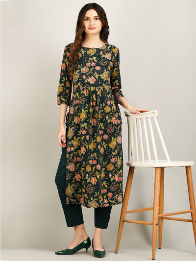 Women's Green Embroidered Floral Printed Cotton Long Slit Kurta & Trouser with Side Tie - Ups