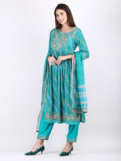 Women's Turquoise Blue Embroidered A-Line Kurta Pant and Dupatta with Fancy Potli Set