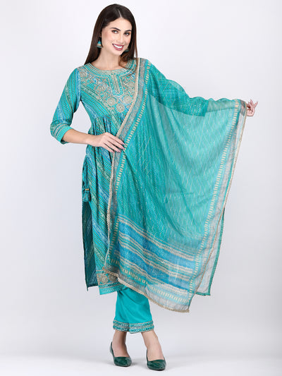 Women's Turquoise Blue Embroidered A-Line Kurta Pant and Dupatta with Fancy Potli Set