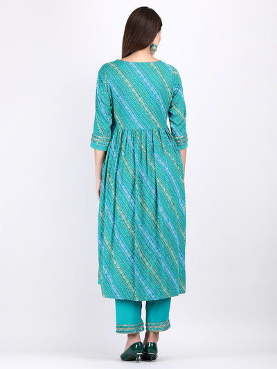 Women's Turquoise Blue Embroidered A-Line Kurta Pant and Dupatta with Fancy Potli Set