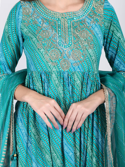 Women's Turquoise Blue Embroidered A-Line Kurta Pant and Dupatta with Fancy Potli Set