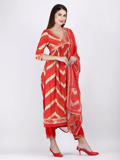 Women's Red Alia Cut Embroidered A-Line Kurta Pant and Dupatta with Fancy Potli Set