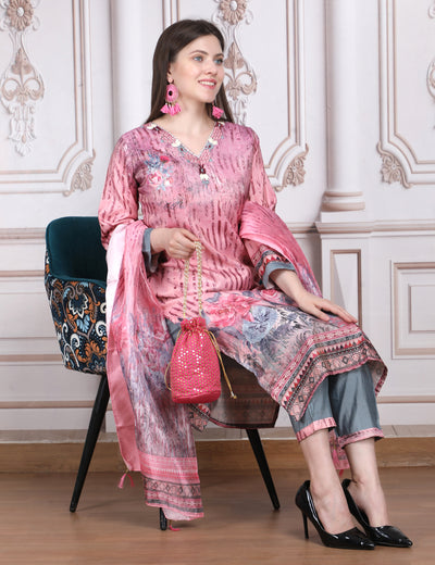 Pink Weaves Women's Pink Embroidered Floral Kurta Pant With Dupatta Set