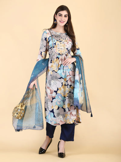 Women's Blue Muslin Embroidered Kurta with Pant and Dupatta