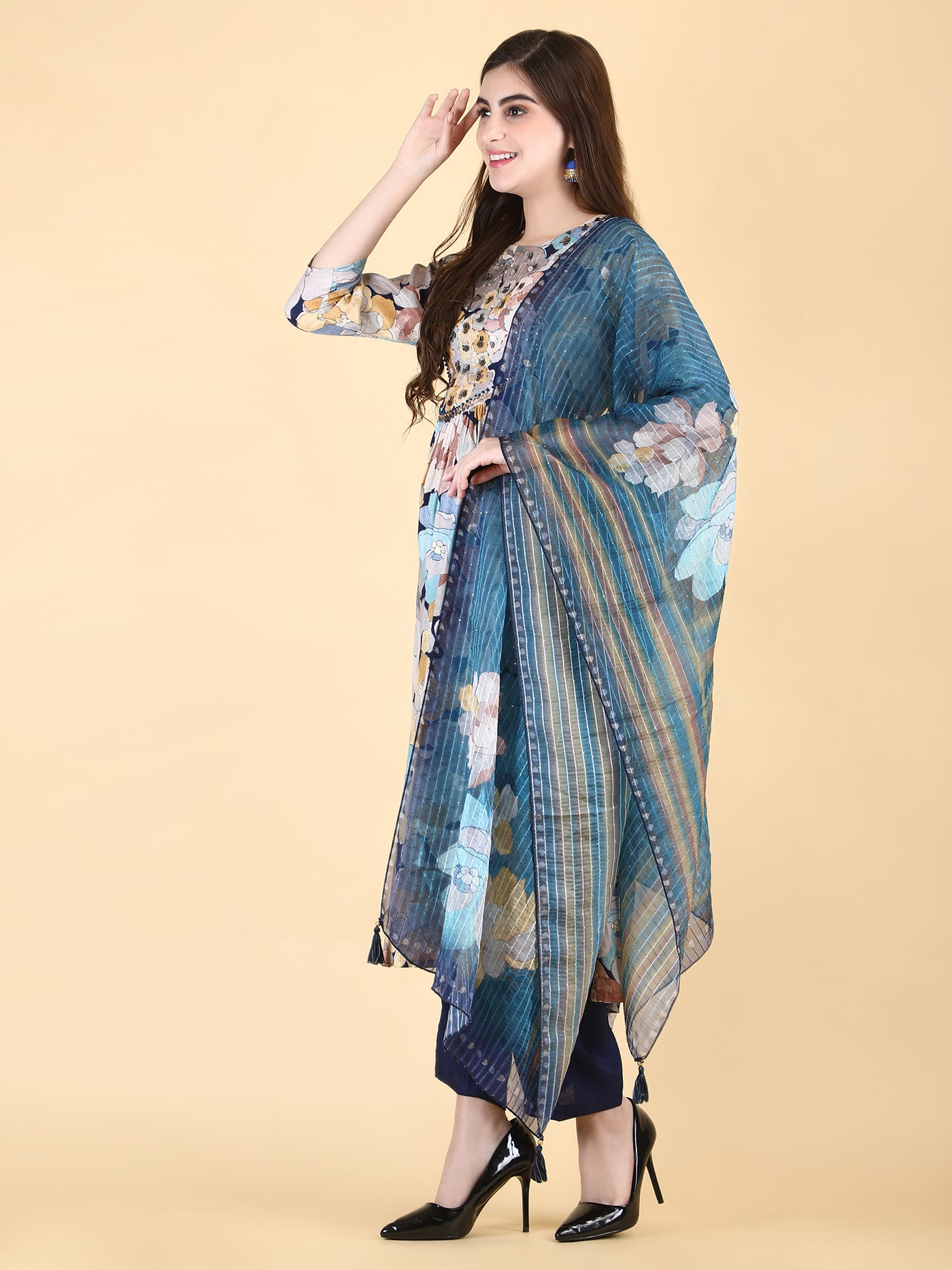 Women's Blue Muslin Embroidered Kurta with Pant and Dupatta