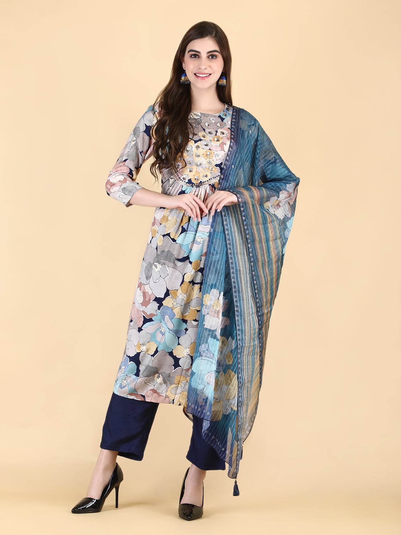 Women's Blue Muslin Embroidered Kurta with Pant and Dupatta