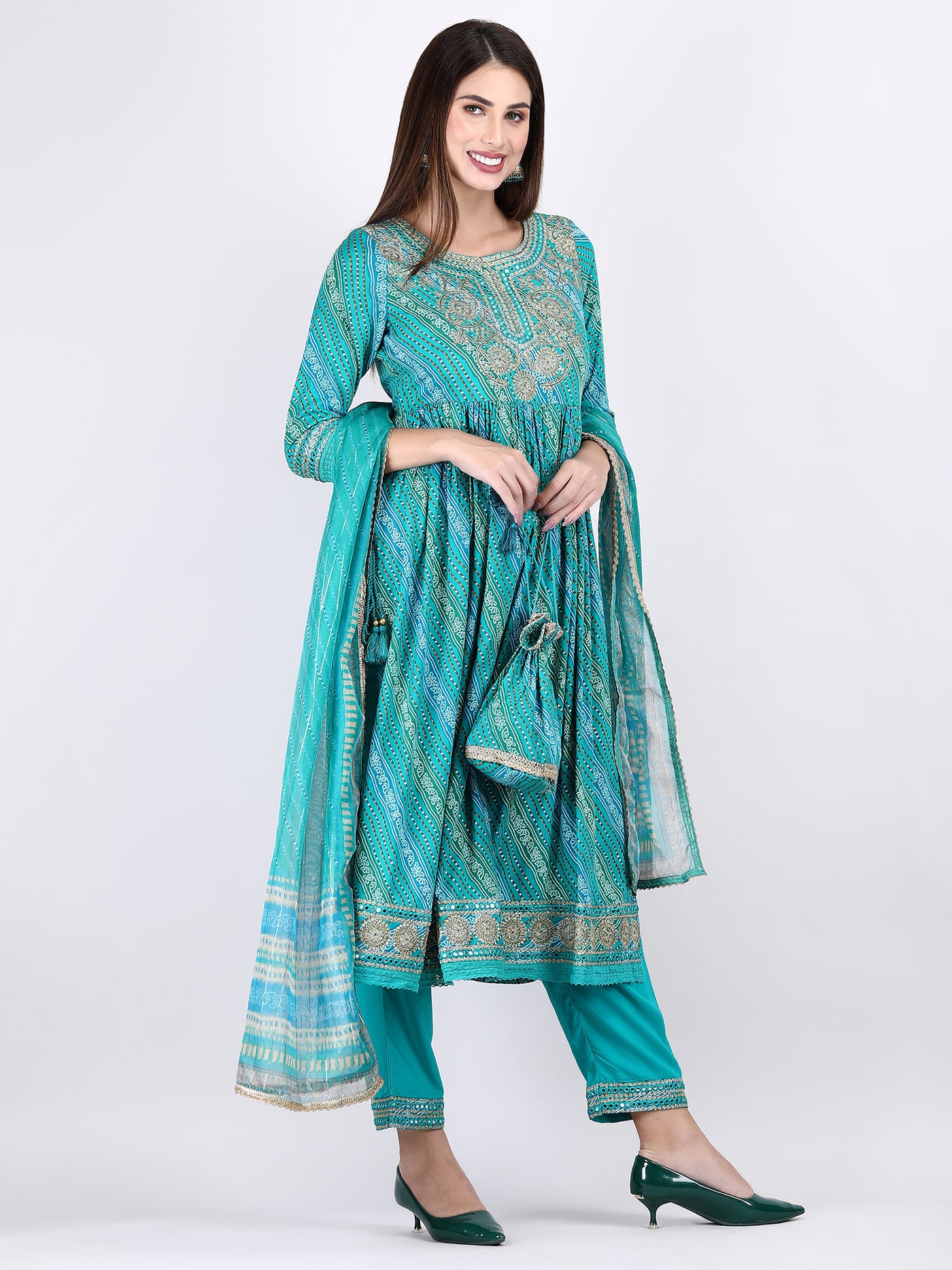 Women's Turquoise Blue Embroidered A-Line Kurta Pant and Dupatta with Fancy Potli Set