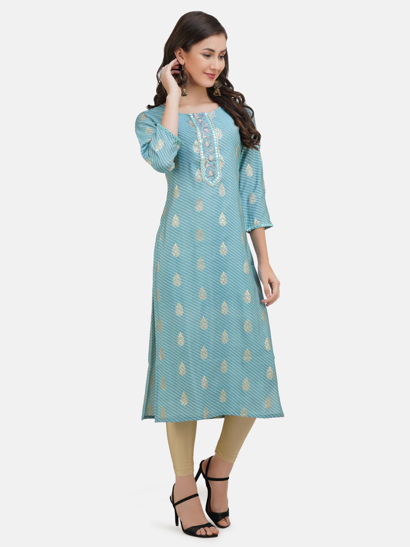 Women's Turquoise Blue And Grey Striped Gold Toned Embroidered Straight Kurta