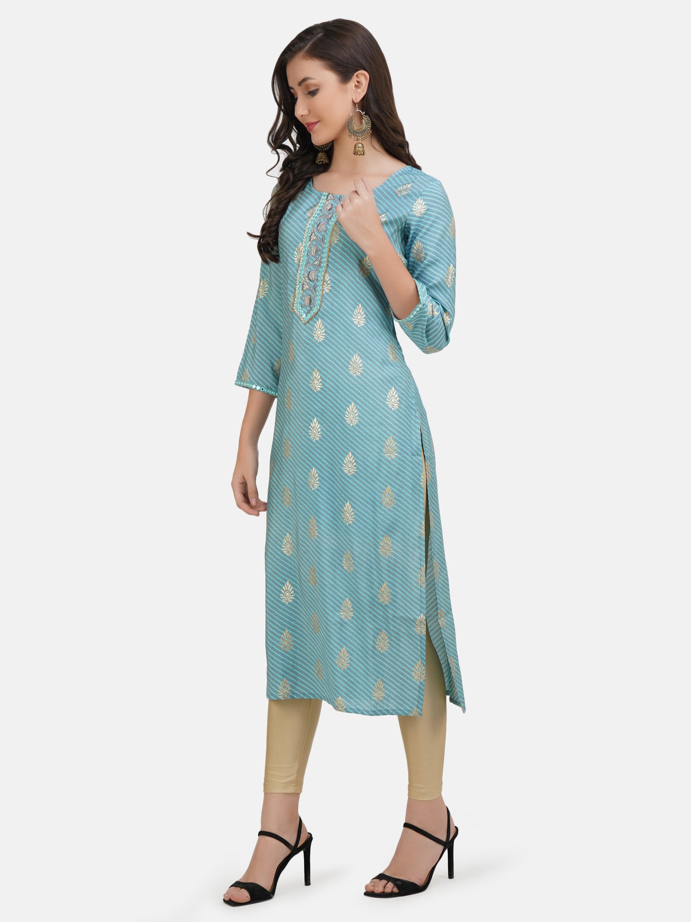 Women's Turquoise Blue And Grey Striped Gold Toned Embroidered Straight Kurta