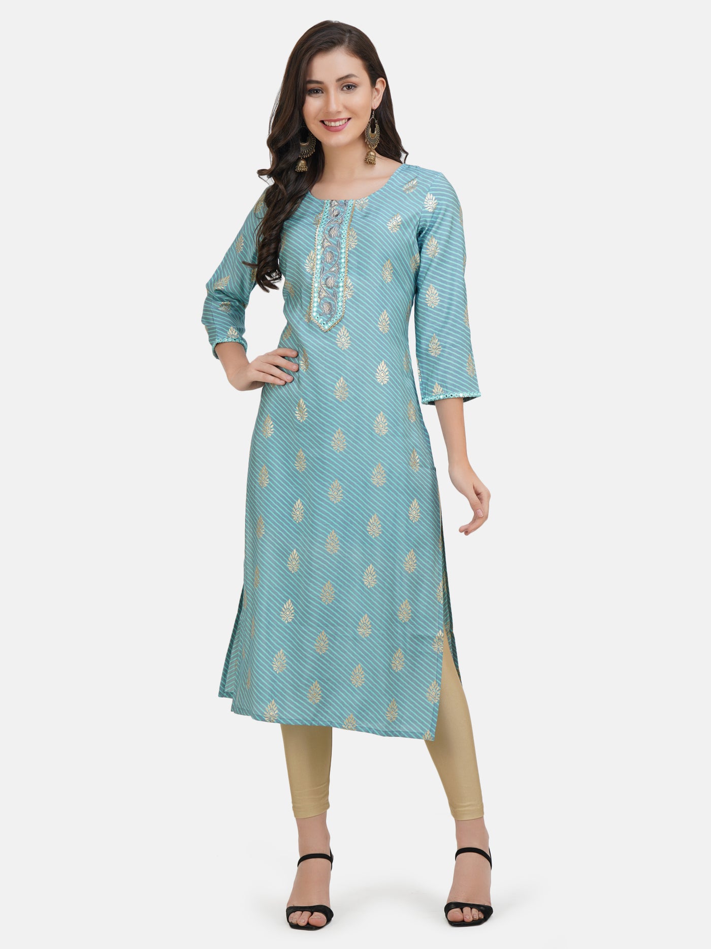 Women's Turquoise Blue And Grey Striped Gold Toned Embroidered Straight Kurta