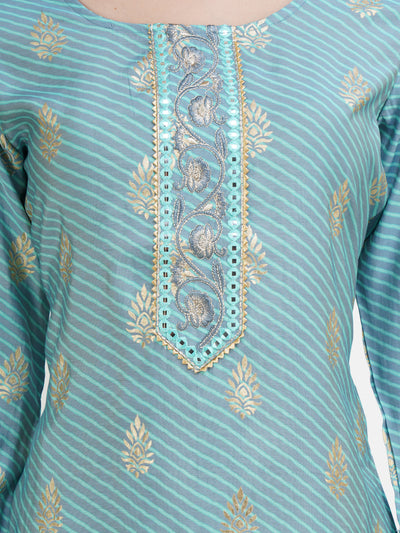 Women's Turquoise Blue And Grey Striped Gold Toned Embroidered Straight Kurta