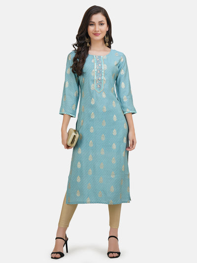 Women's Turquoise Blue And Grey Striped Gold Toned Embroidered Straight Kurta