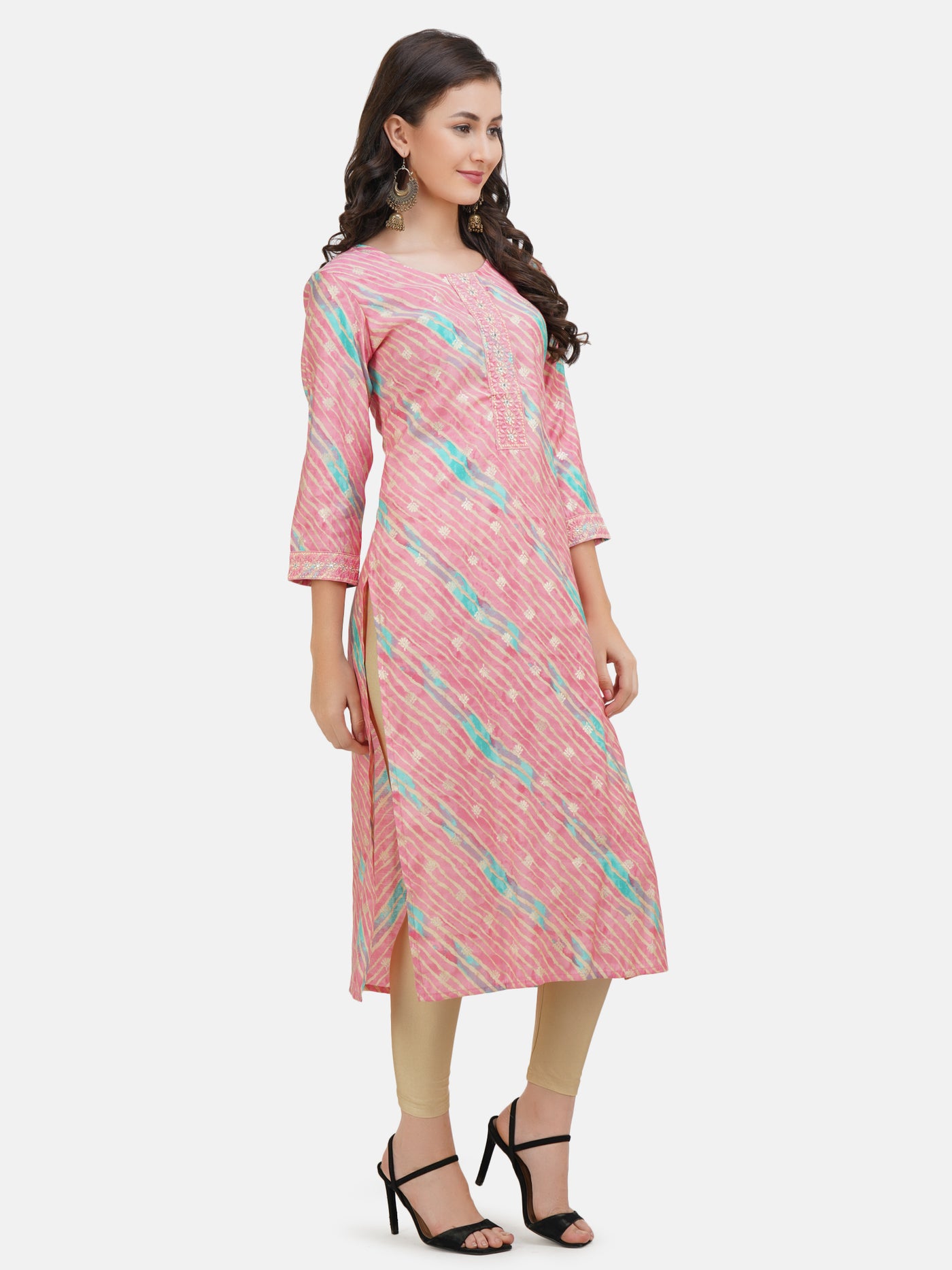 Women's Pink Striped Gold Toned Embroidered Straight Kurta