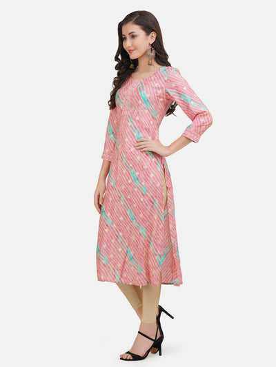 Women's Pink Striped Gold Toned Embroidered Straight Kurta