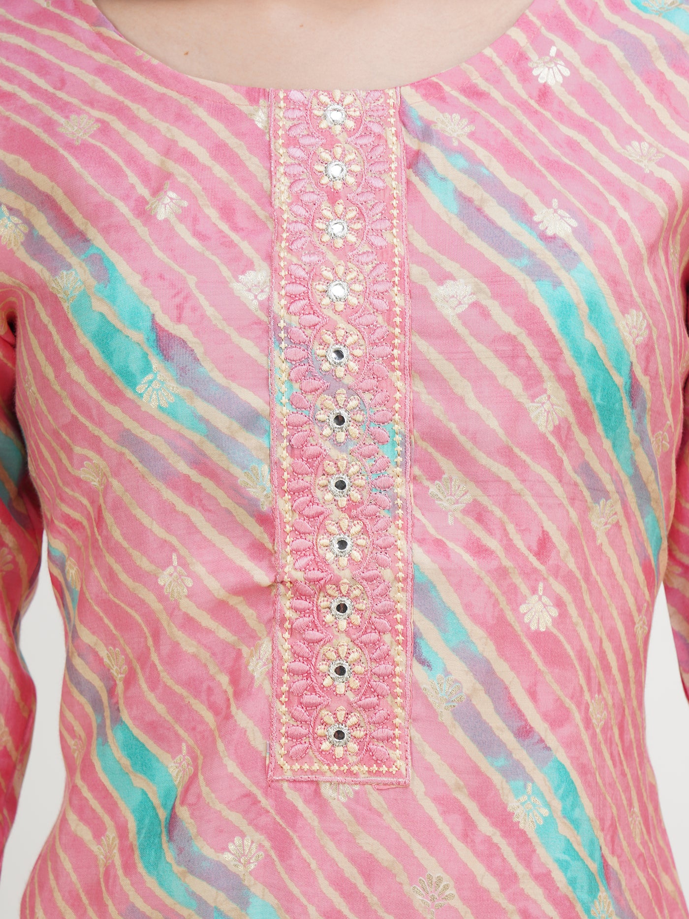 Women's Pink Striped Gold Toned Embroidered Straight Kurta