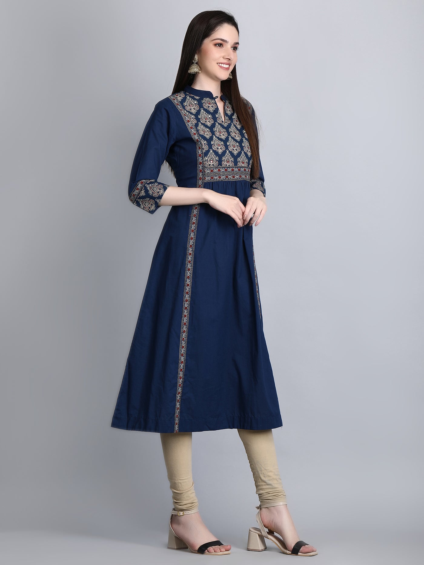 Women's Blue Printed Cotton Embroidered A-Line Kurta