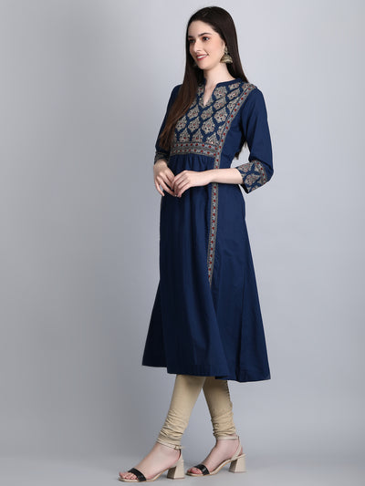 Women's Blue Printed Cotton Embroidered A-Line Kurta