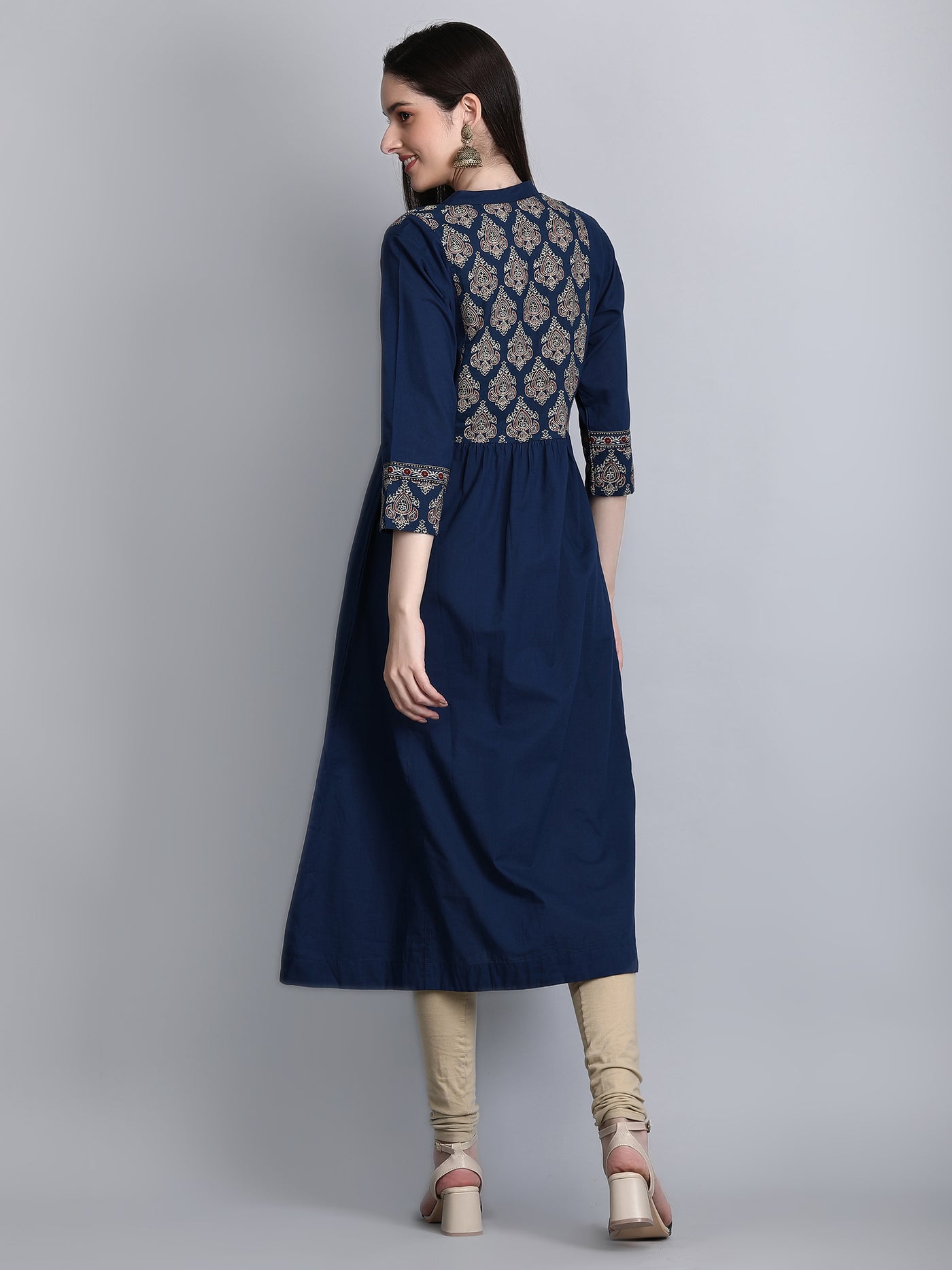 Women's Blue Printed Cotton Embroidered A-Line Kurta