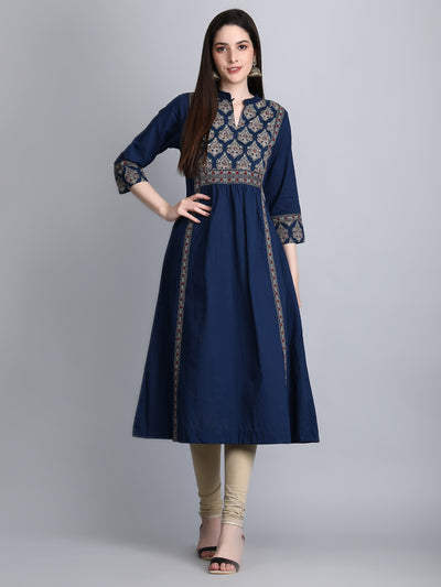 Women's Blue Printed Cotton Embroidered A-Line Kurta