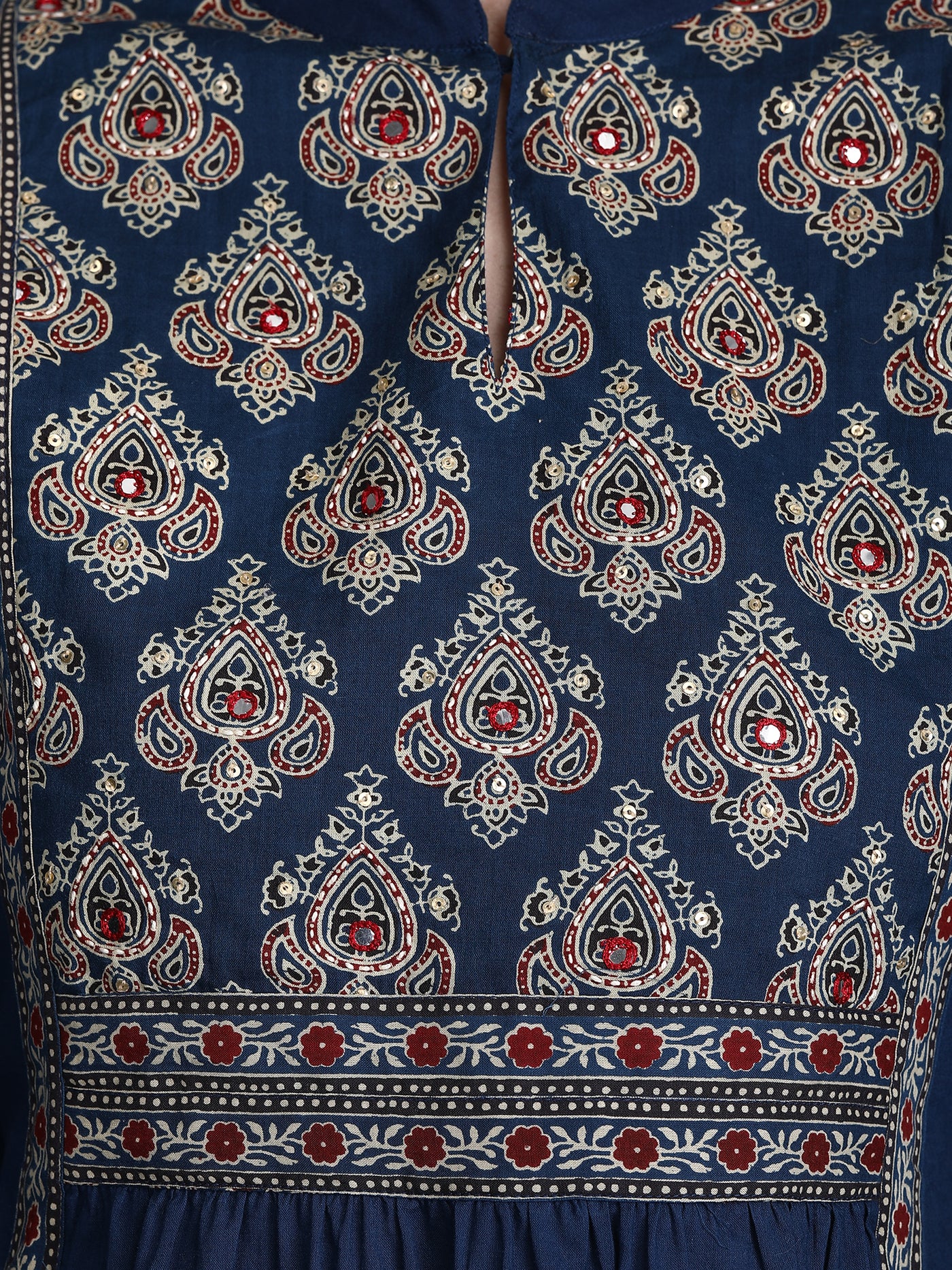 Women's Blue Printed Cotton Embroidered A-Line Kurta