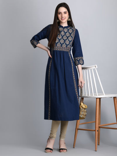 Women's Blue Printed Cotton Embroidered A-Line Kurta