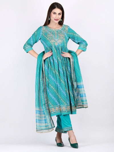 Women's Turquoise Blue Embroidered A-Line Kurta Pant and Dupatta with Fancy Potli Set