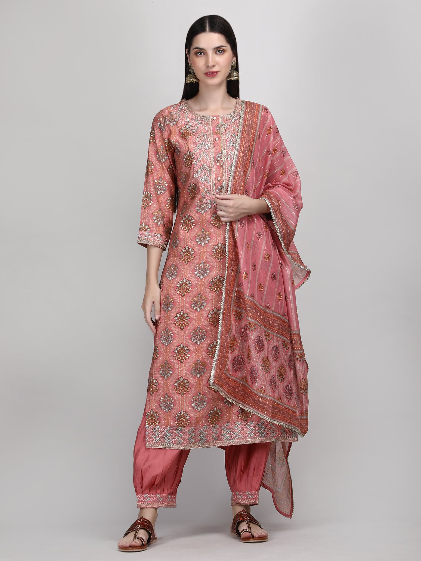 Women's Peach Coloured Embroidered Afghani Suit Set | Afghani Salwar Kurta Set with Dupatta & Potli