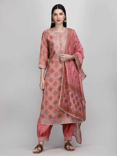 Women's Peach Coloured Embroidered Afghani Suit Set | Afghani Salwar Kurta Set with Dupatta & Potli