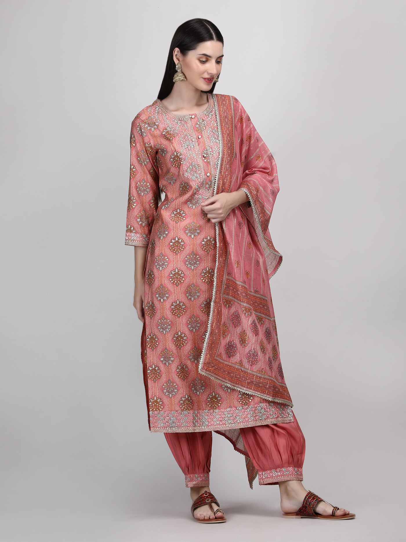 Women's Peach Coloured Embroidered Afghani Suit Set | Afghani Salwar Kurta Set with Dupatta & Potli