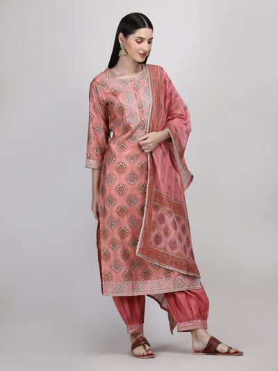 Women's Peach Coloured Embroidered Afghani Suit Set | Afghani Salwar Kurta Set with Dupatta & Potli